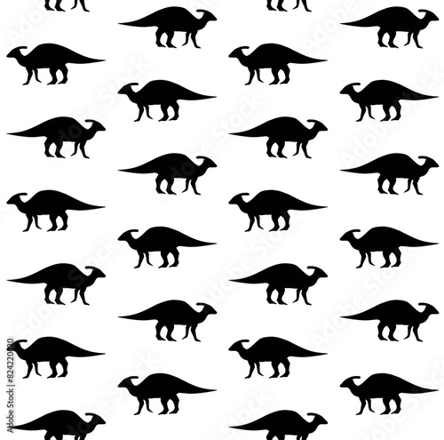 Vector seamless pattern of flat hand drawn parasaurolophus dinosaur silhouette isolated on white background