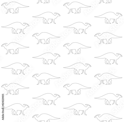 Vector seamless pattern of flat hand drawn outline parasaurolophus dinosaur isolated on white background