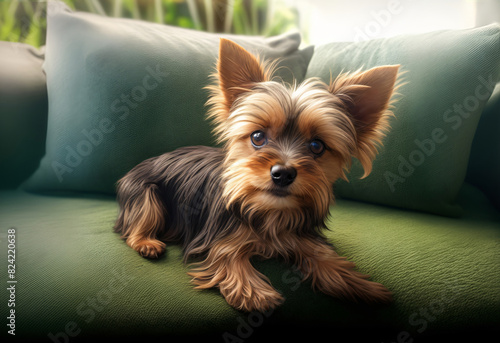 Small yorkshire terrier dog on green couch looking at the camera with expresive eyes photo