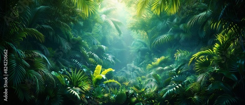 Background Tropical. Enveloped by verdant foliage, the rainforest transforms into a symphony of green, where each leaf, vine, and branch adds to the harmonious and constantly shifting melody. photo