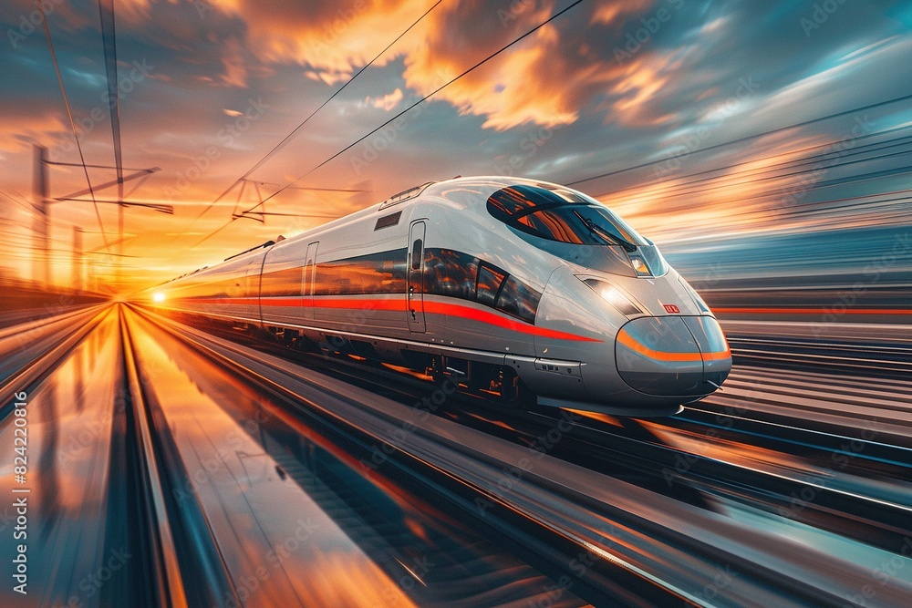 The reflection of a high-speed train passing through the lake surface The reflection of a high-speed train passing through the lake surface