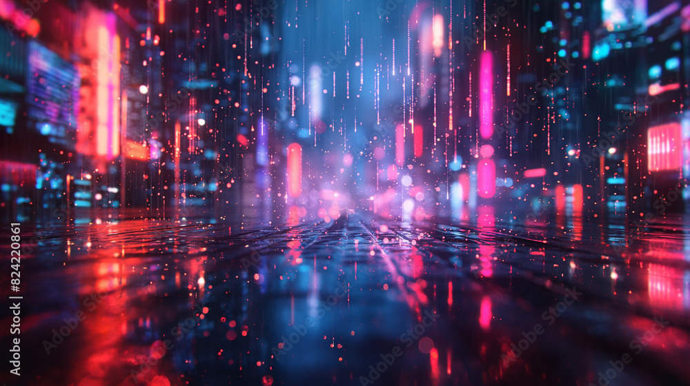 Neon Rain - Rain made of neon lights falling in a cyberpunk city. Neon Rain - Rain made of neon lights falling in a cyberpunk city.