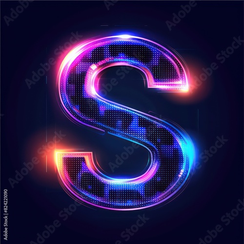 s capital futuristic letter with neon colors and black background