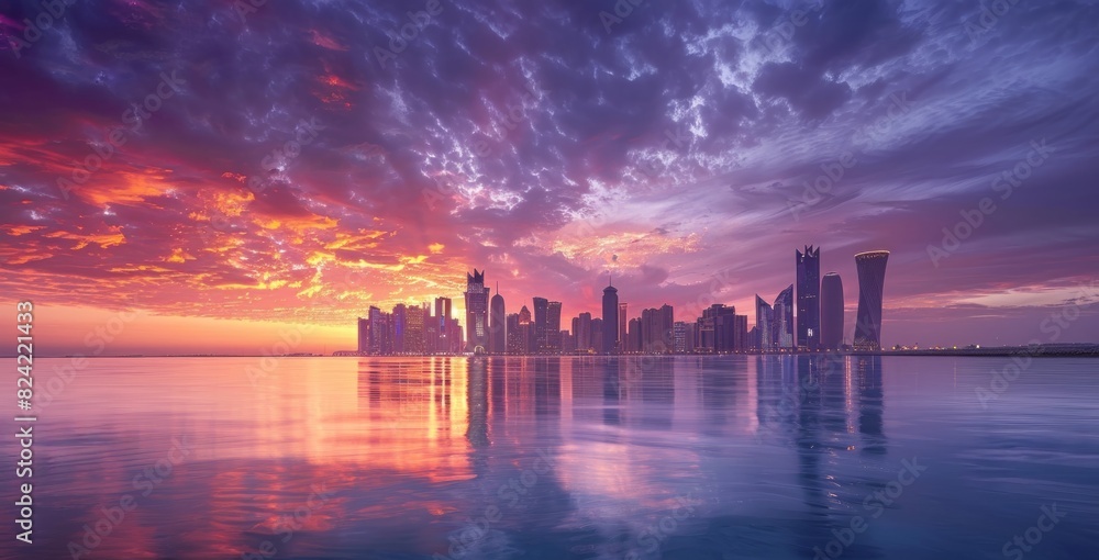 Fototapeta premium Landscape of the city skyline seen at sunset with the sea in front, and colorful clouds in the sky