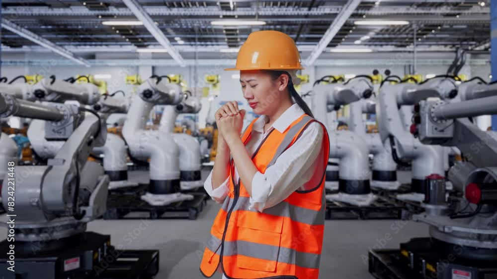 Side View Of Asian Female Engineer With Safety Helmet Pray For Something While Standing With Robotic Arms Side View Of Asian Female Engineer With Safety Helmet Pray For Something While Standing With Robotic Arms