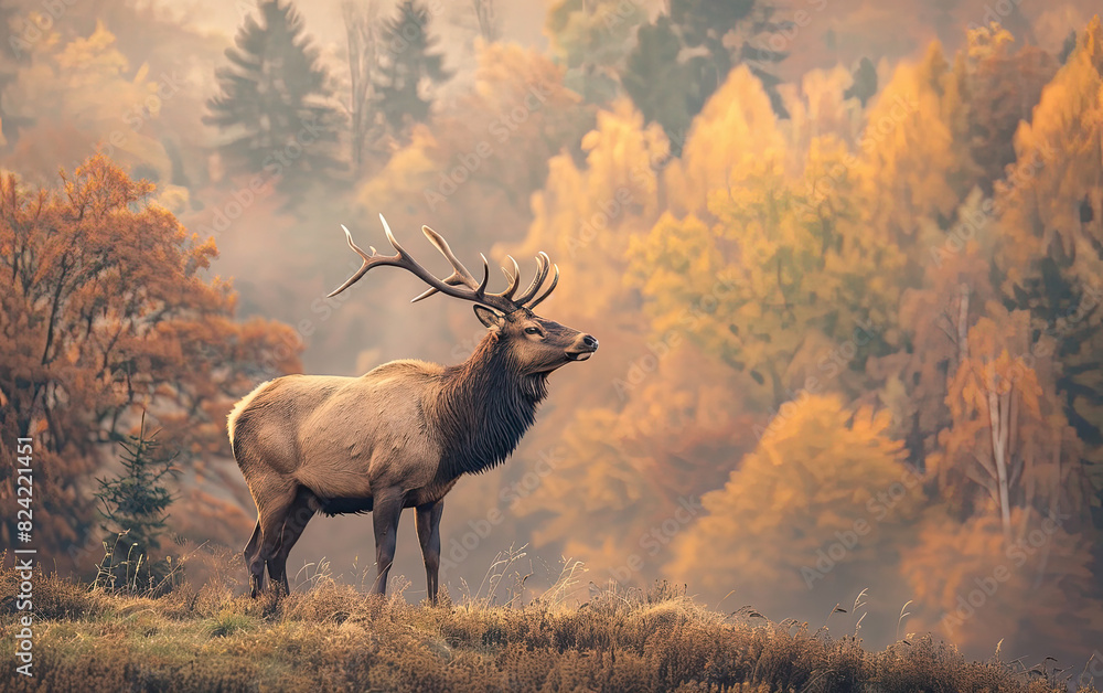 A majestic elk stands proudly on a hilltop, framed by a misty autumn forest glowing with golden light in the early morning. A majestic elk stands proudly on a hilltop, framed by a misty autumn forest glowing with golden light in the early morning.
