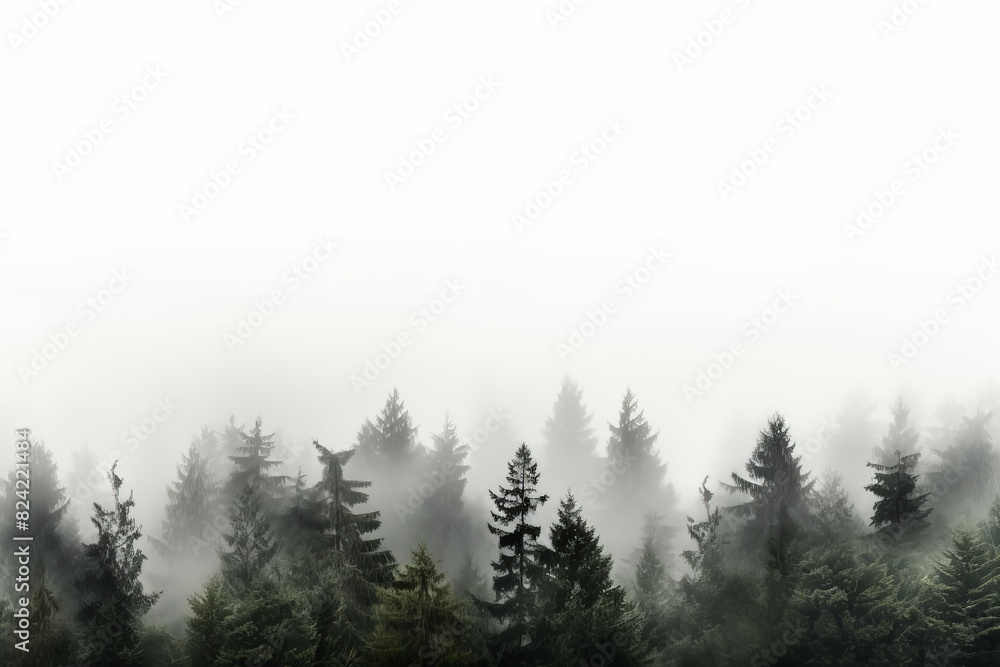 A forest with trees covered in fog A forest with trees covered in fog