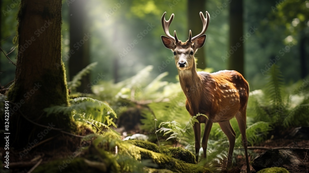 Naklejka premium A deer stands in a forest with its antlers raised