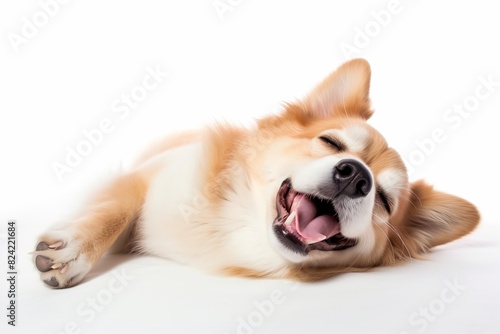 A dog is laying on a white surface with its mouth open and tongue hanging out © GenBy