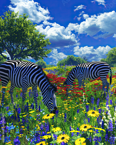 Two zebras grazing in a vibrant meadow filled with colorful wildflowers under a bright blue sky with fluffy clouds.