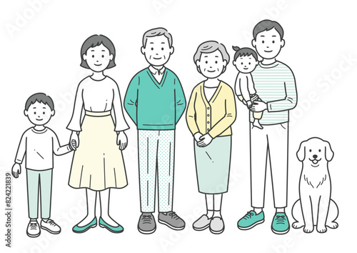 三世代の家族とペットが集合した全身イラスト	
