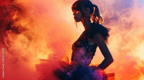 Elegant woman in stylish dress posing against vibrant colored smoke background in a fashion and beauty concept editorial photo shoot