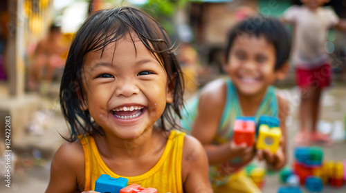 Image of smiling children playing with many toys.