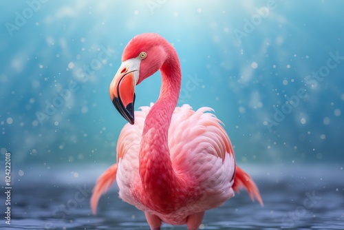 A pink flamingo is standing in the water © GenBy