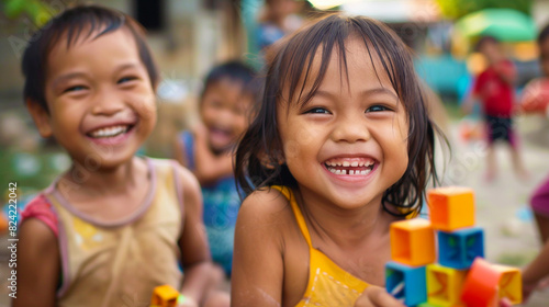 Image of smiling children playing with many toys.