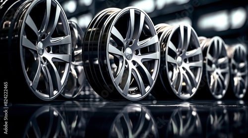 A photo of a row of polished alloy wheels. photo