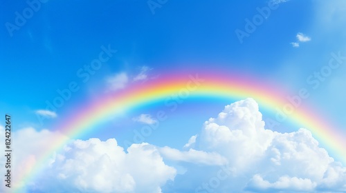 A rainbow is seen in the sky above a blue sky