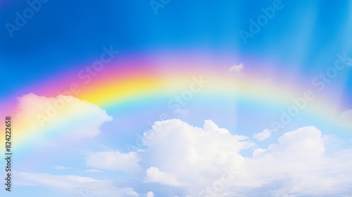 A rainbow is seen in the sky with a blue background