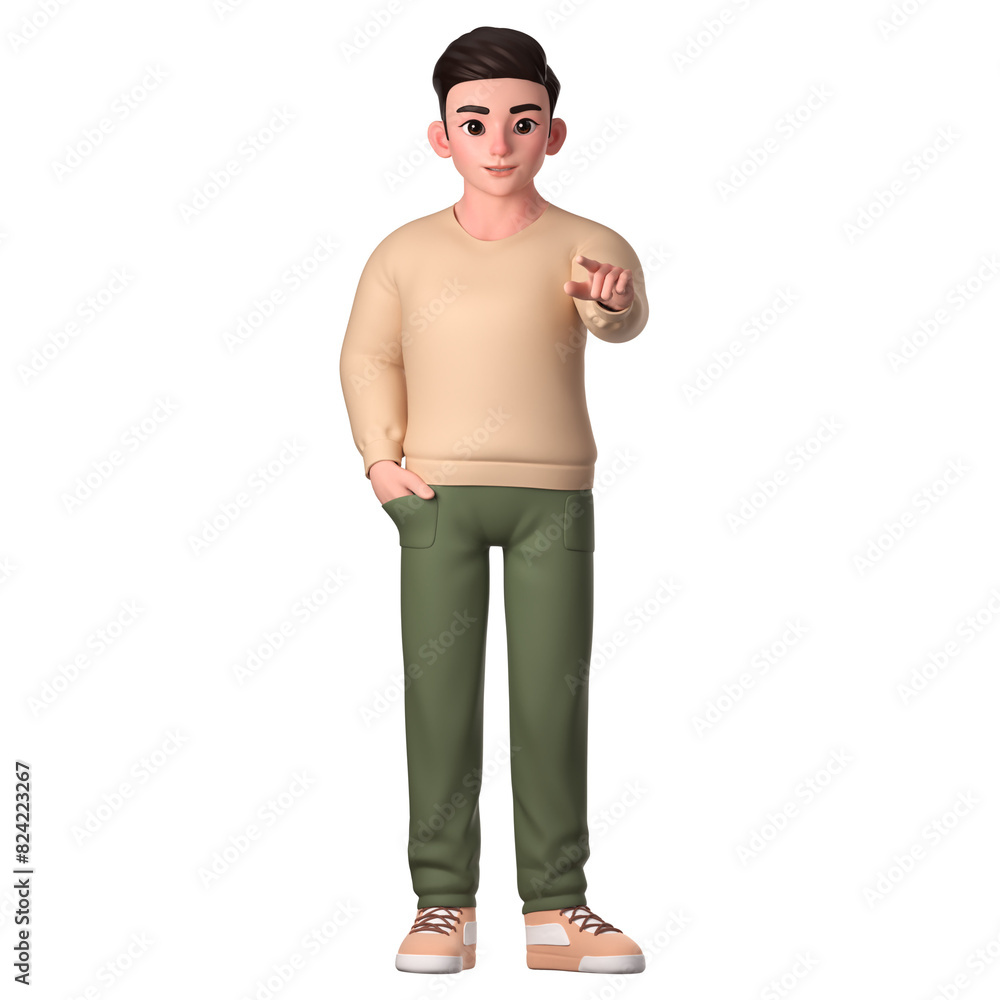 Fototapeta premium Man character pointing to the top front with left hand, 3D Character Illustration.