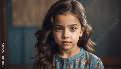 pretty kid hispanic girl model retro fashion portrait posing in studio background