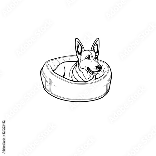 A cartoon German Shepherd in a dog bed coloring page generative ai