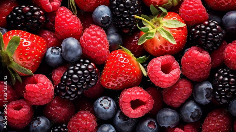 A close up of a bunch of berries including blueberries, raspberries A close up of a bunch of berries including blueberries, raspberries