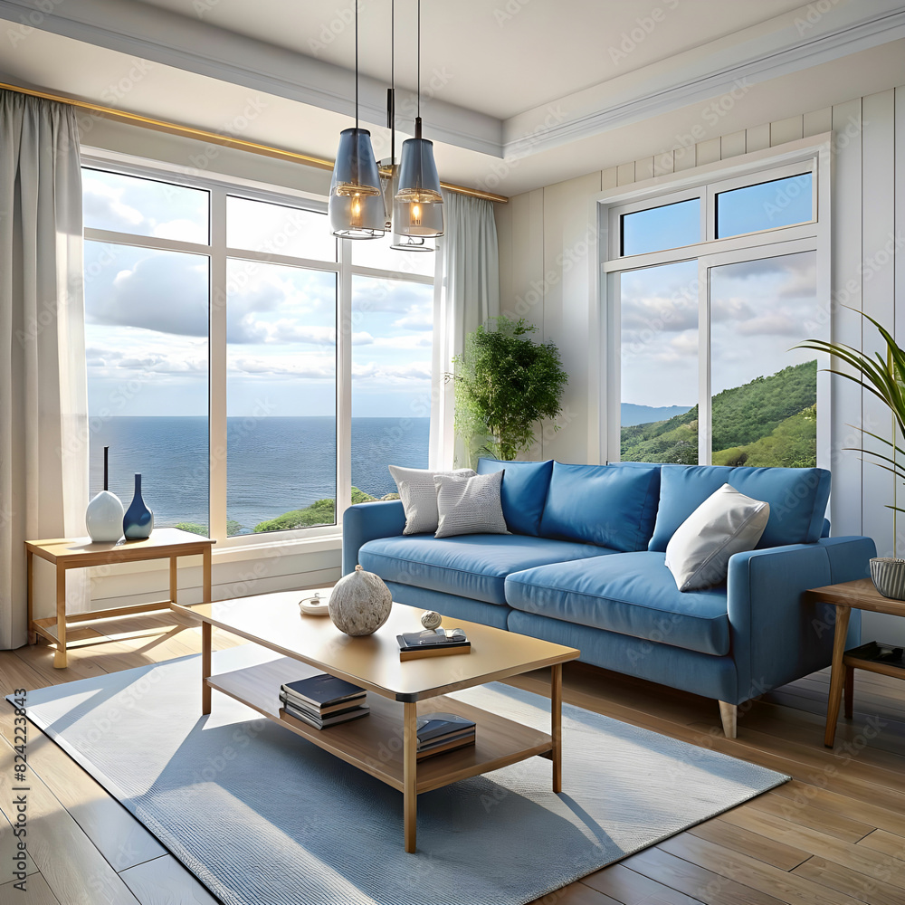Fototapeta premium cozy living room with a blue sofa a coffee table