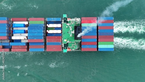 Smoke exhaust gas emissions carbondioxide from cargo lagre ship container ship,Marine diesel engine exhaust gas from combustion, Gas Emission Air Pollution from transportation. green house effect Eco	 photo