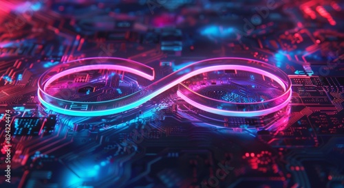 A double infinity symbol made of neon lights glowing in the dark, surrounded by data and code, representing endless possibilities for growth through cloud technology.