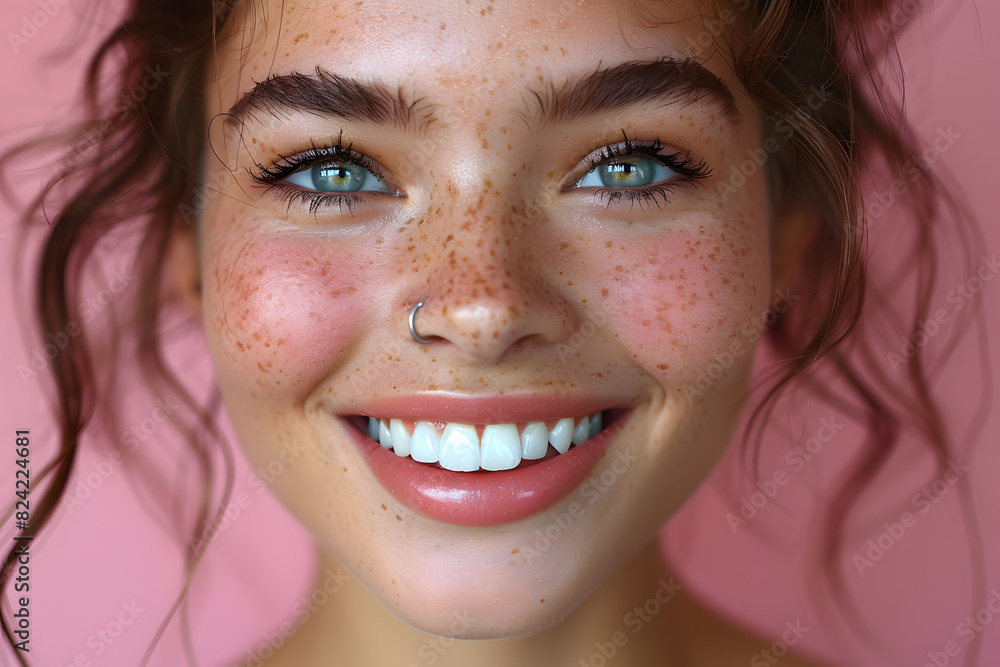 Beautiful young woman female smiling showing perfect white teeth. Dental stomatology whitening and treatment advertisement concept. Beautiful young woman female smiling showing perfect white teeth. Dental stomatology whitening and treatment advertisement concept.