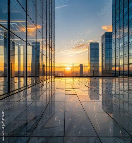 a office building overlooking the city skyline at sunset with glass walls in the style of modern art and architectural beauty