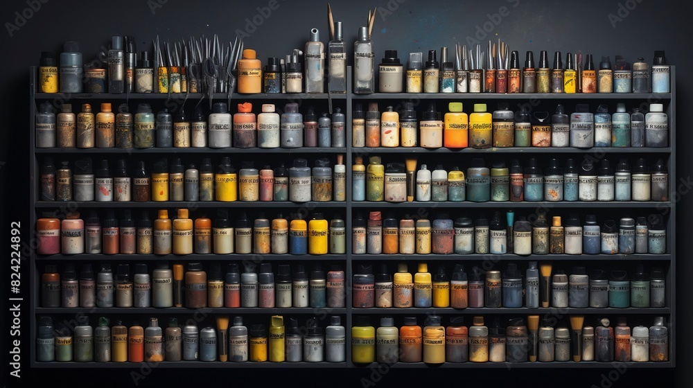 A photo of a set of neatly arranged auto painting supplies.