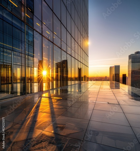 a office building overlooking the city skyline at sunset with glass walls in the style of modern art and architectural beauty