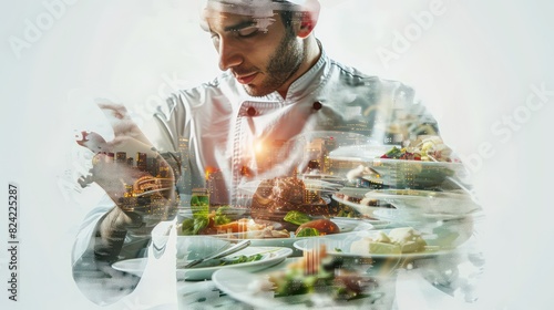 wallpaper collage of a chef at work with double exposure on a white background