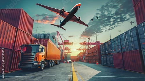 Digital composition of cargo truck and container in port with flying plane for logistics, transportation and global business background concept photo