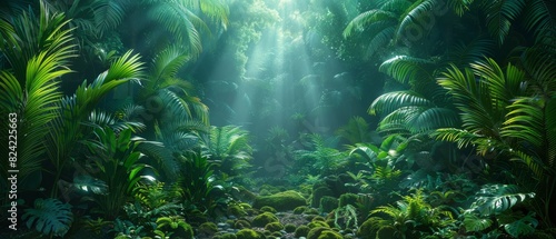 Background Tropical. The lush rainforest foliage forms a protective canopy, shielding the delicate ecosystem below from harsh elements, ensuring the survival of countless species. © BlockAI