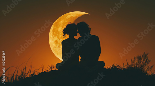 The silhouette of a couple is seen sitting on a hill as the sun sets behind them.