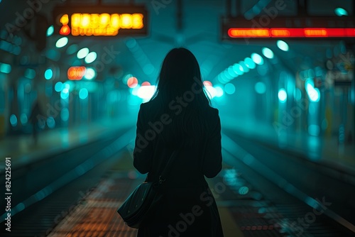 The silhouette of a woman standing on a train platform at night