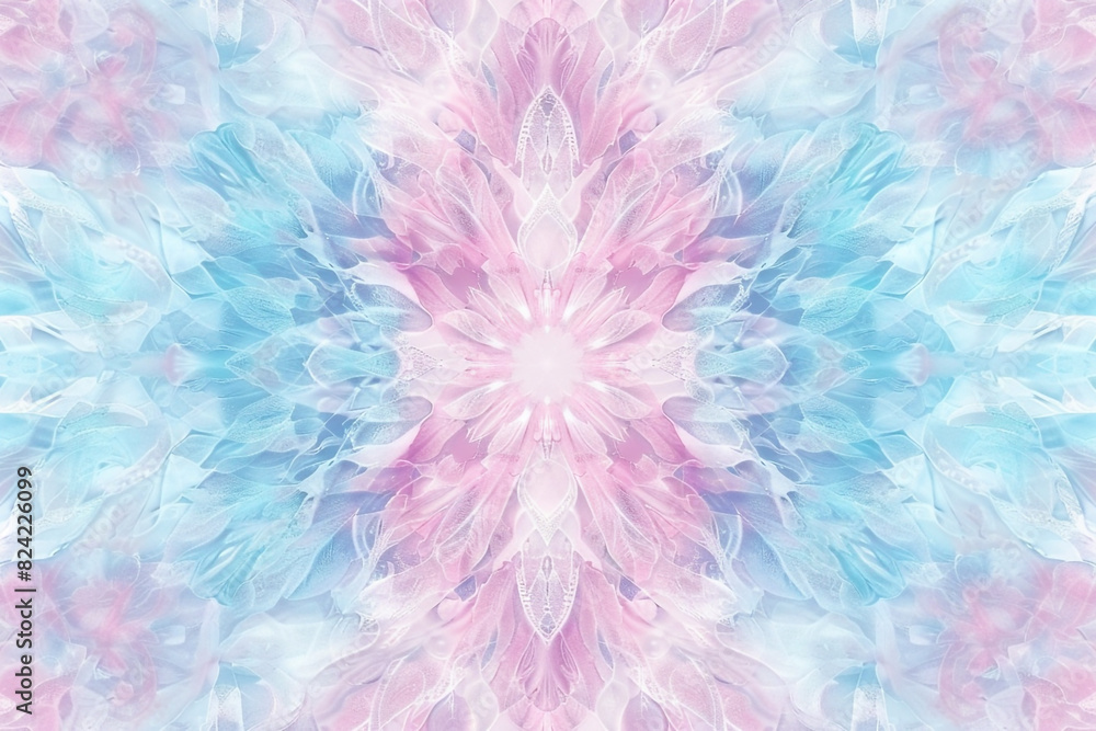 Elaborate abstract pattern in soft pastels of pink and blue, creating a delicate, intricate background