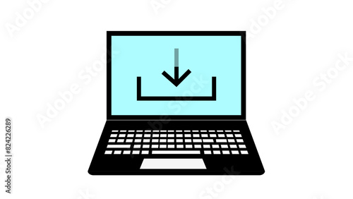 Laptop with a download icon on the screen animated on a white background.