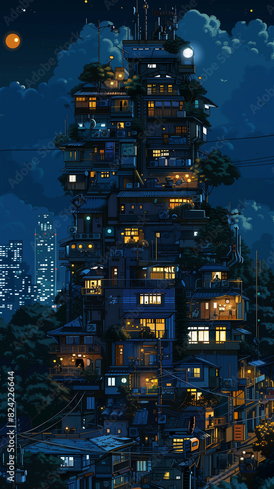 A tall, futuristic building with illuminated windows against a night sky A tall, futuristic building with illuminated windows against a night sky