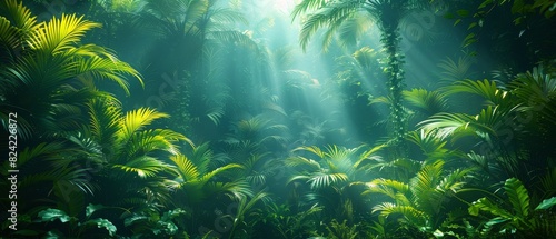 The rainforest foliage creates a green canopy  with sunlight filtering through leaves  casting magical patterns of light and shadow on the ground.