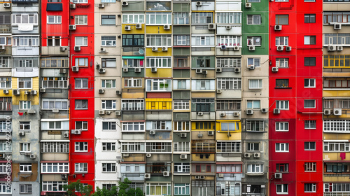 Colorful facade of a Soviet-style apartment building with numerous windows and balconies