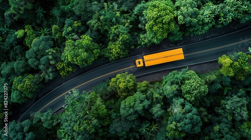 Aerial view of yellow heavy truck on a narrow twisting road through forest area. copy space for text.