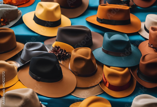A collection of various stylish hats in different colors and designs displayed on a blue surface. Fall Hat Month. photo