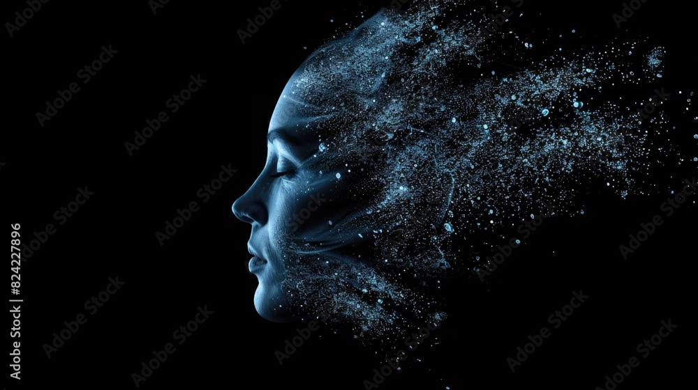 Digital human head made of particles, minimalistic background, blue color scheme