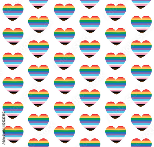 Vector seamless pattern of hand drawn flat new lgbtq flag heart isolated on white background