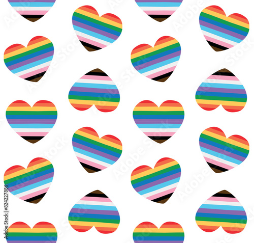 Vector seamless pattern of hand drawn flat new lgbtq flag heart isolated on white background