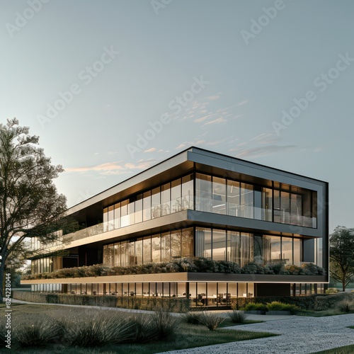 modern office building with a glass facade on a green field