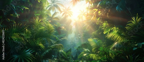 Background Tropical. The rainforest's dense foliage conceals vibrant flowers that burst in dazzling colors, their bright petals shining against the green expanse. photo